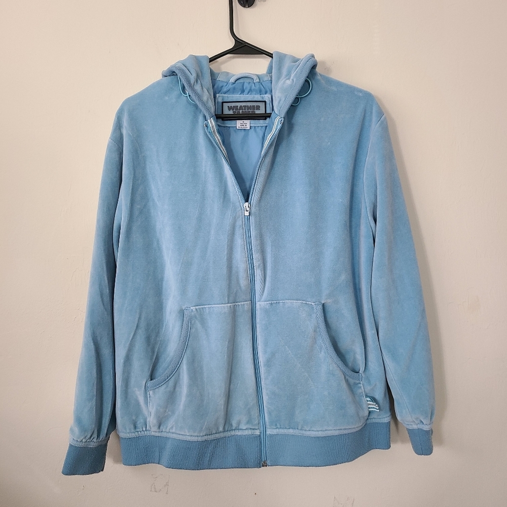 Vintage Light Blue Velvet Windbreaker Jacket Retro 90's Streetwear Womens Size M